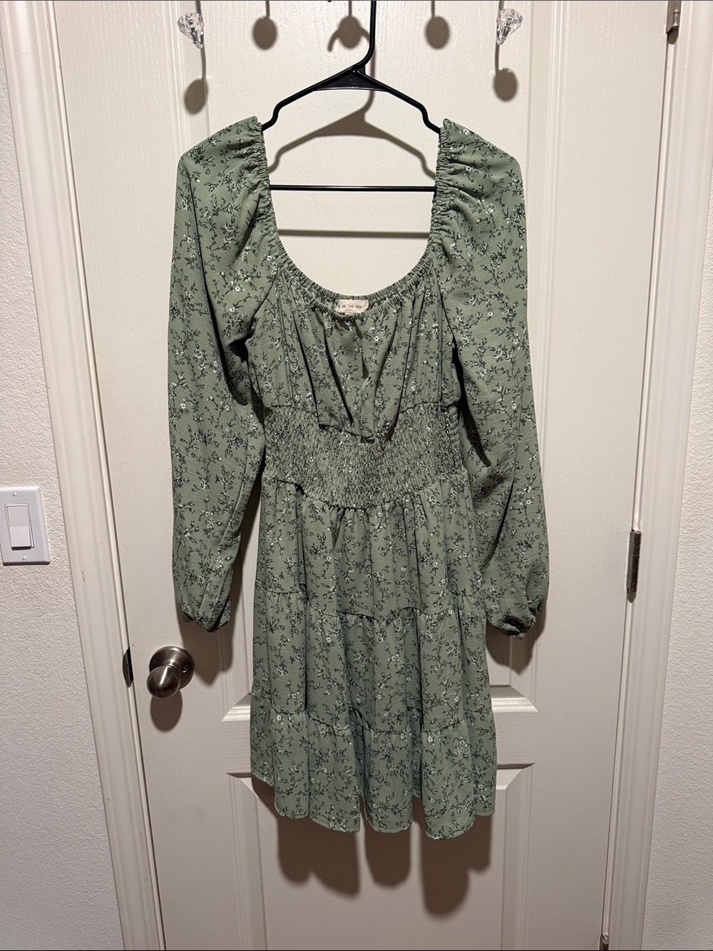 Smocked Waist Sage Green Floral Long-Sleeve Dress